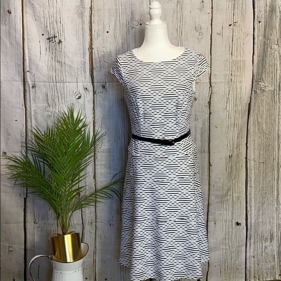 Anne Klein Black and White Ripple Cap Sleeve Midi Dress Size 6  325 - Picture 1 of 14